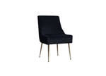 Black upholstered accent chair with curved back, padded seat, and slender metal legs