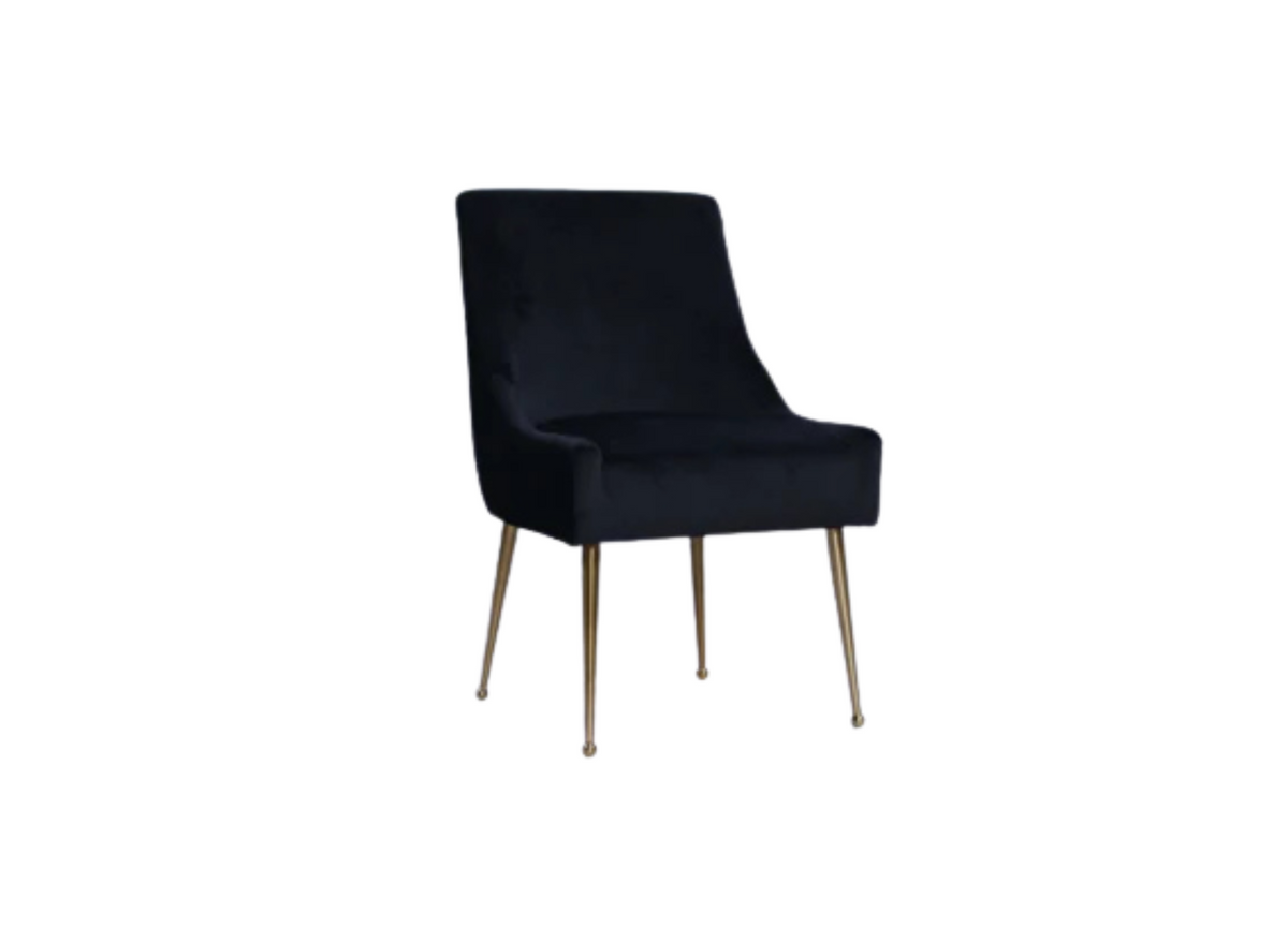 Black upholstered accent chair with curved back, padded seat, and slender metal legs