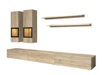 Oak TV wall unit with two tall cabinets, glass fronts, and long low TV console
