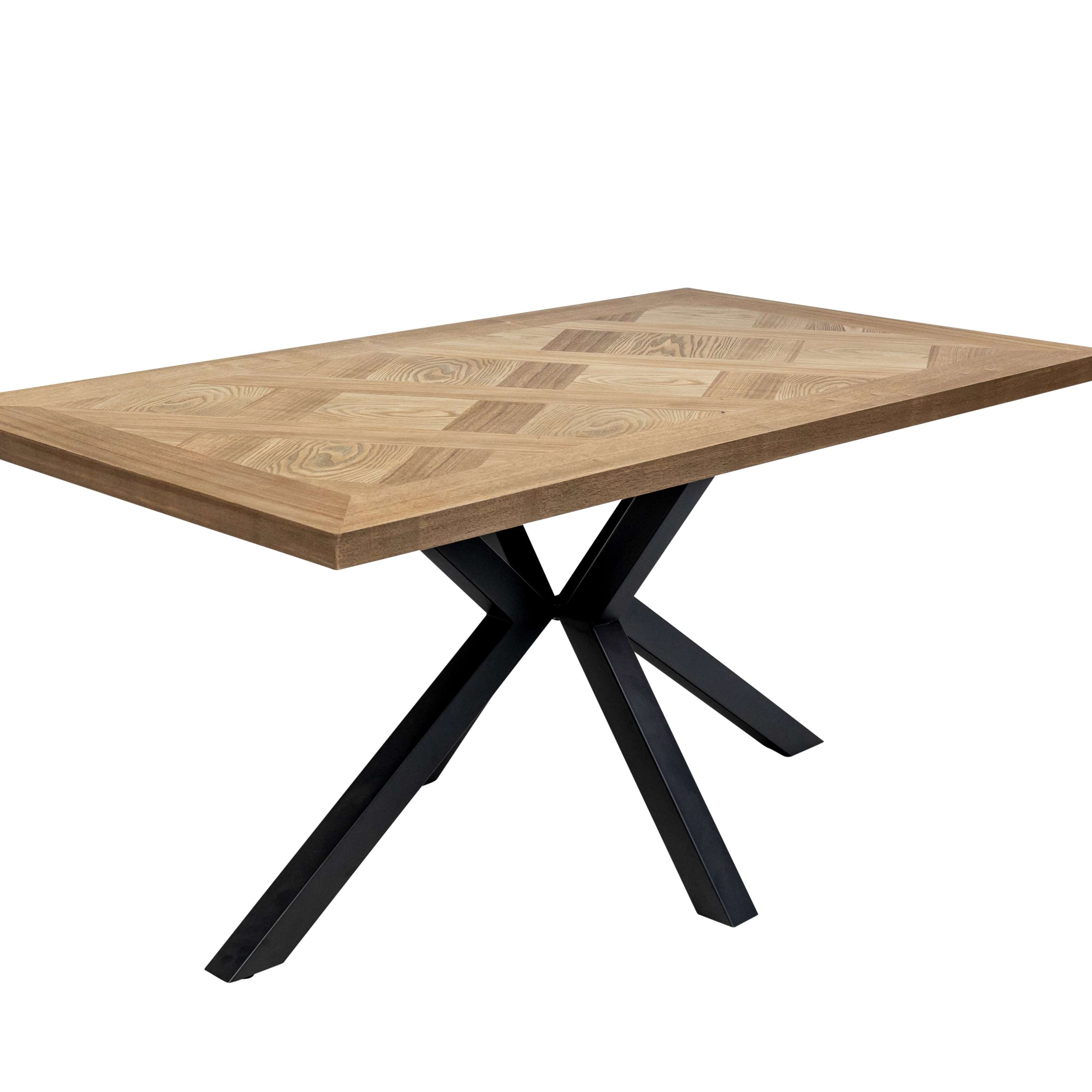 Harry Oak veneer dining table with geometric black cross legs