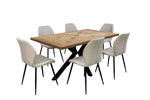 Wood veneer dining table with black X-style legs and four light chairs