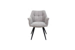 Grey fabric dining chair with tufted back and armrests, black angled legs
