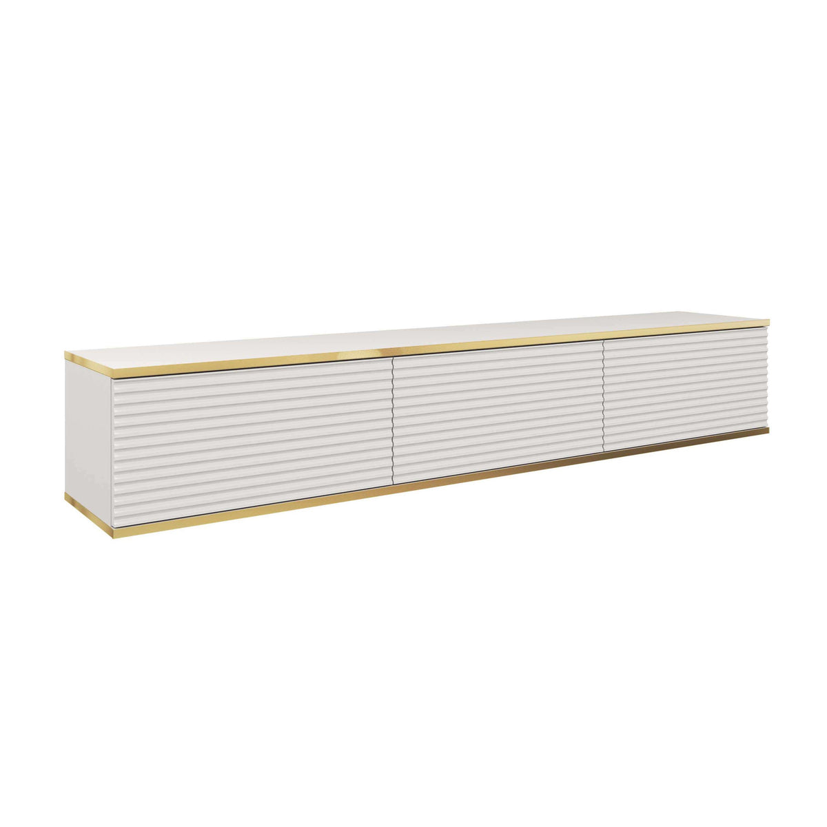 White TV cabinet with ribbed sliding doors and gold trim, low media console.