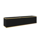 Black low TV cabinet with two ribbed doors and gold edge trim