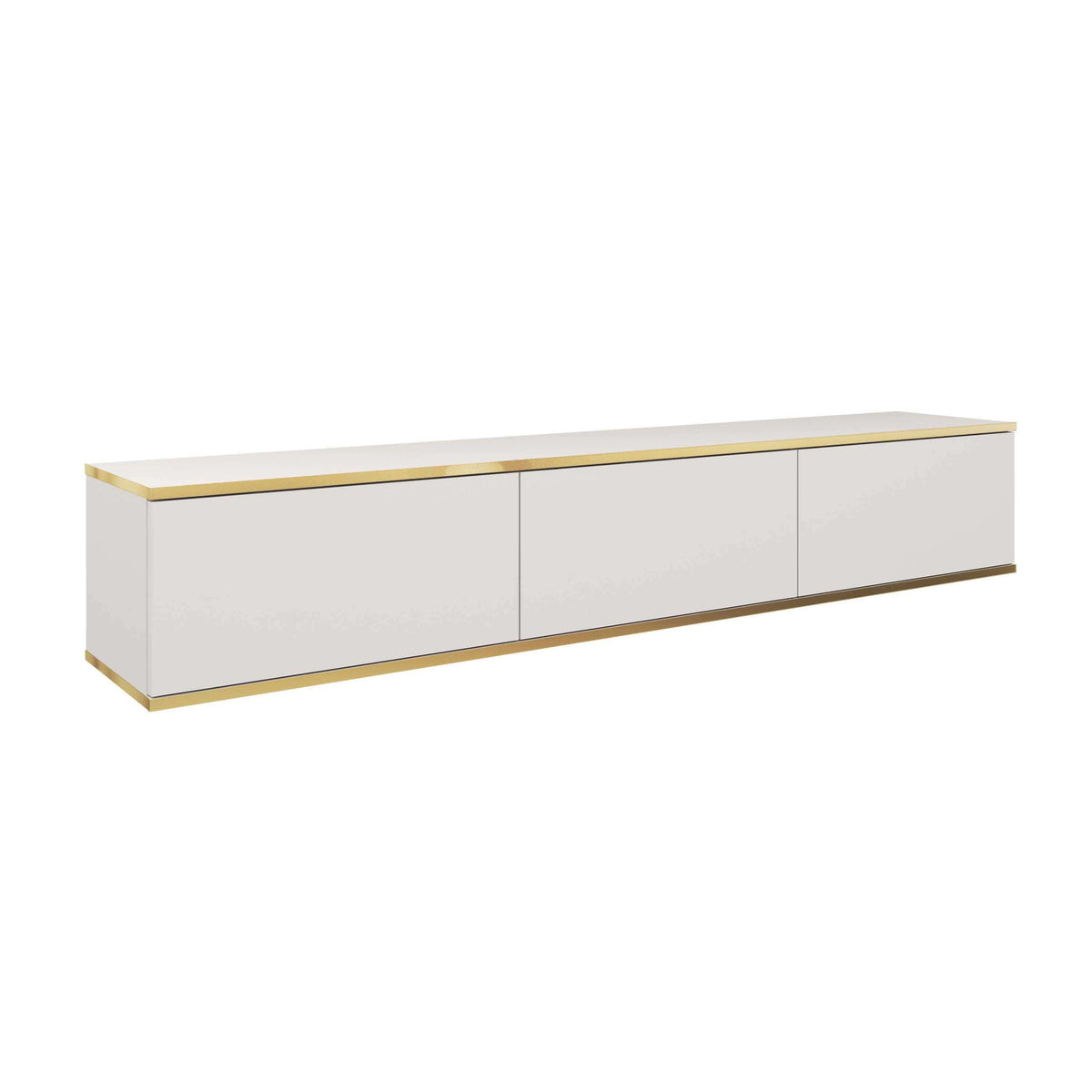 White TV cabinet with three door panels and gold trim