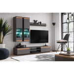 Graphite TV wall unit with LED-lit glass cabinets and media shelf, light wood accents