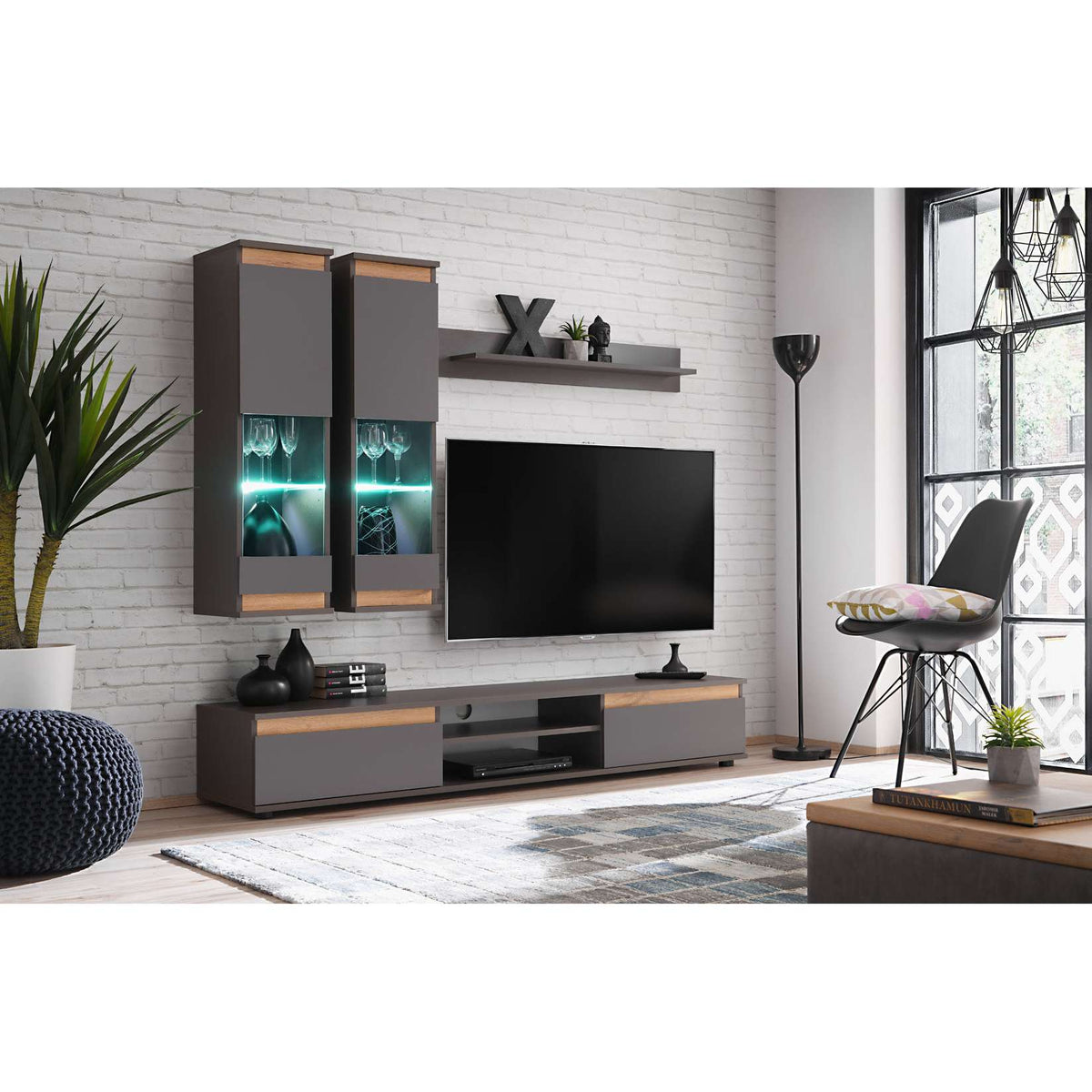 Graphite TV wall unit with LED-lit glass cabinets and media shelf, light wood accents