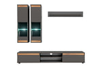 TV wall unit set with open drawers, center shelf, and LED-lit glass side cabinets