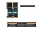 TV wall unit with LED-lit glass doors, central media drawers, and light wood tops