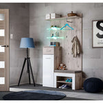 Hallway entryway cabinet with open shelf, drawers, and coat hooks
