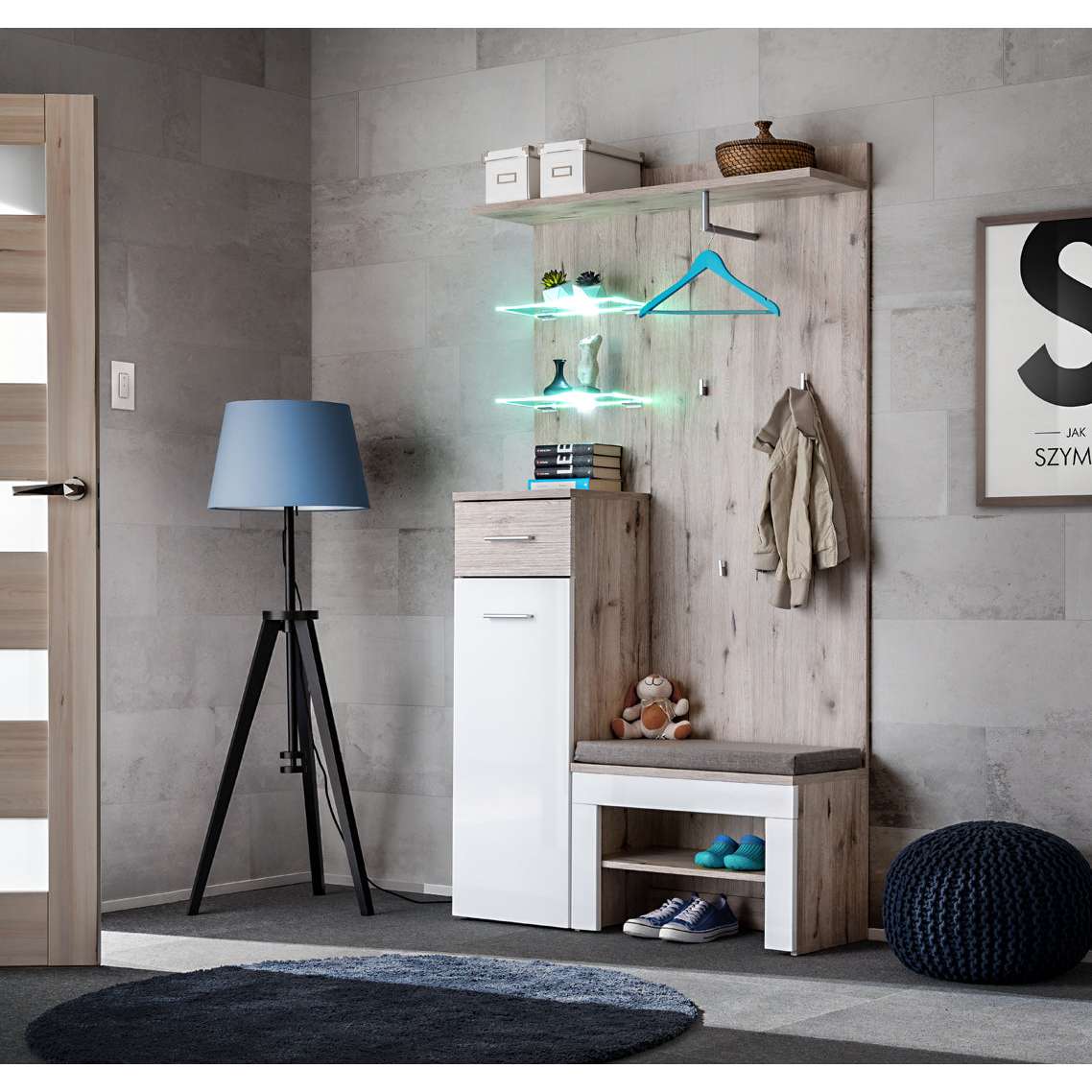 Hallway entryway cabinet with open shelf, drawers, and coat hooks