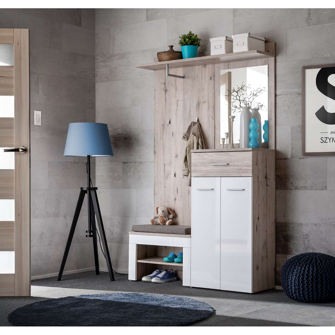 Complete hallway furniture set with wood-effect panels and white storage cabinets