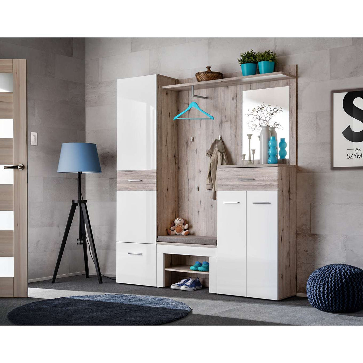 Hallway storage set with wardrobe, drawers, and cabinets in wood and white