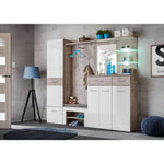 Hallway furniture set with white storage cabinets, wood-look panels, and open shelves