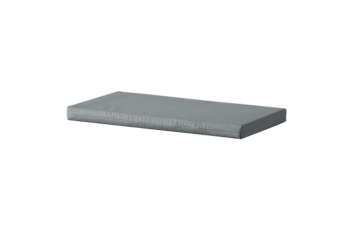 Rectangular gray bench cushion with smooth fabric top and stitched edges