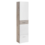 Tall hallway cabinet with white doors, wood side panels, and a center drawer