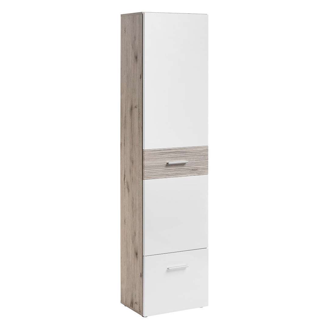 Tall hallway cabinet with white doors, wood side panels, and a center drawer