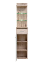 Tall hallway cabinet with open shelves and white door, oak-look frame