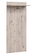 Tall oak-look backboard with hooks and narrow top shelf