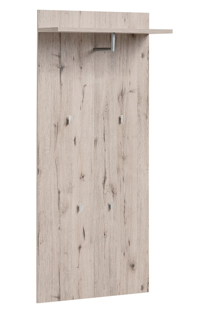 Tall oak-look backboard with hooks and narrow top shelf