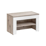 Hallway bench with gray wood top, white sides, and open shelf storage