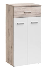 Base cabinet with wood top, drawer, and two white cabinet doors