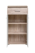 Open shelving cabinet with light wood interior and top drawer
