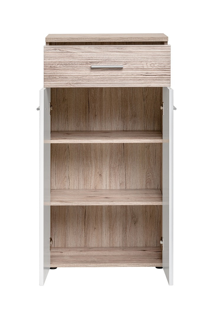 Light wood-effect hallway cabinet with open shelves, upper drawer, and side panel doors