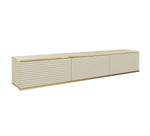 Light beige TV cabinet with ribbed sliding doors, gold-edged top, low media console.