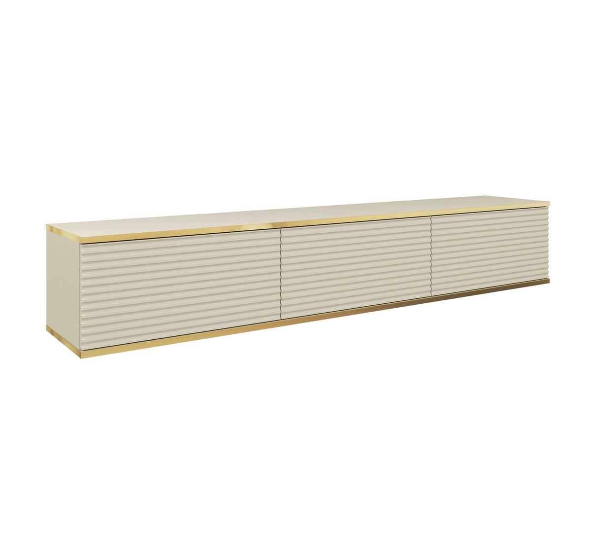Light beige TV cabinet with ribbed sliding doors, gold-edged top, low media console.