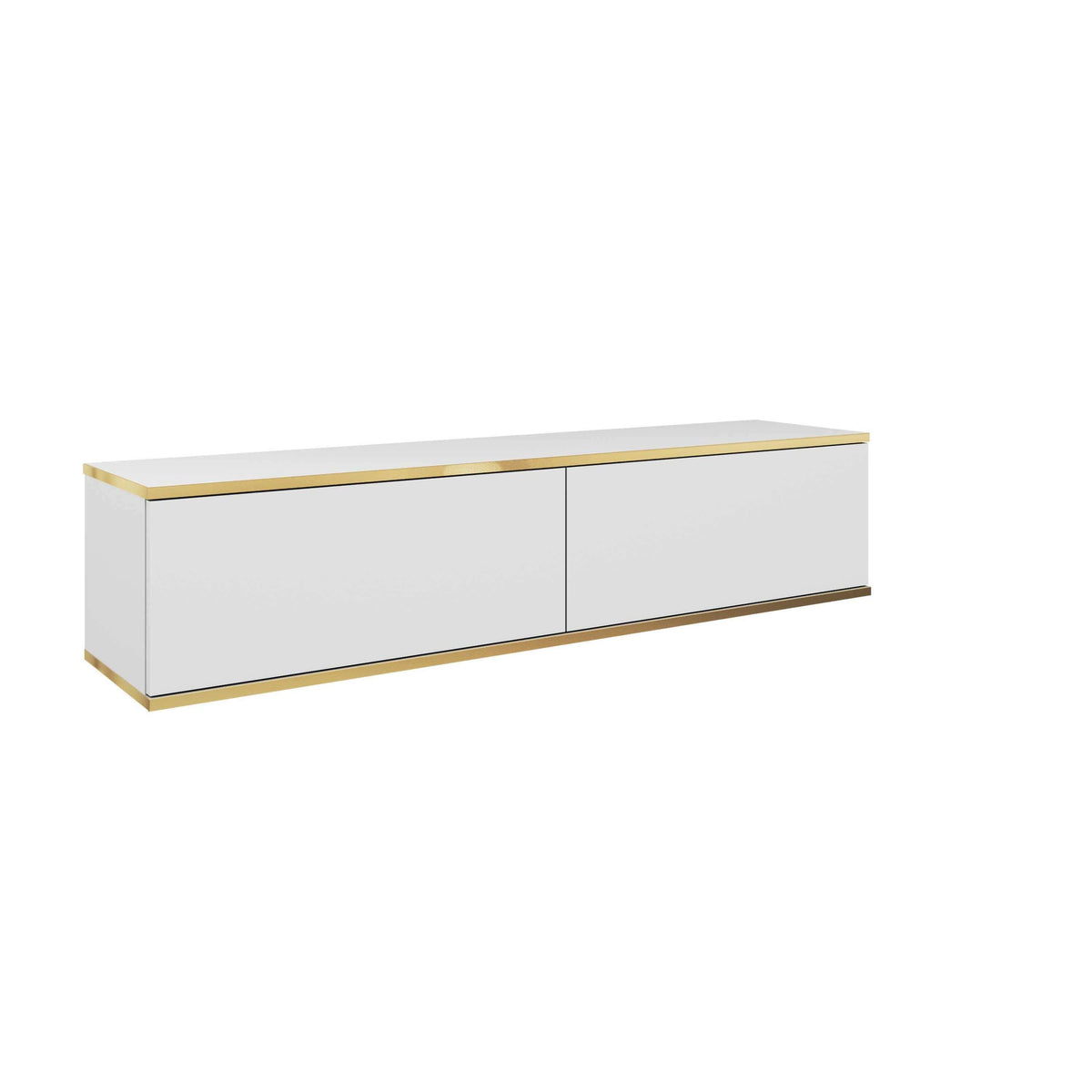 White two-door TV cabinet with gold trim and flat top