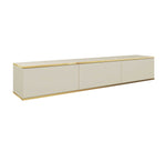 Beige TV cabinet with three door panels and gold trim