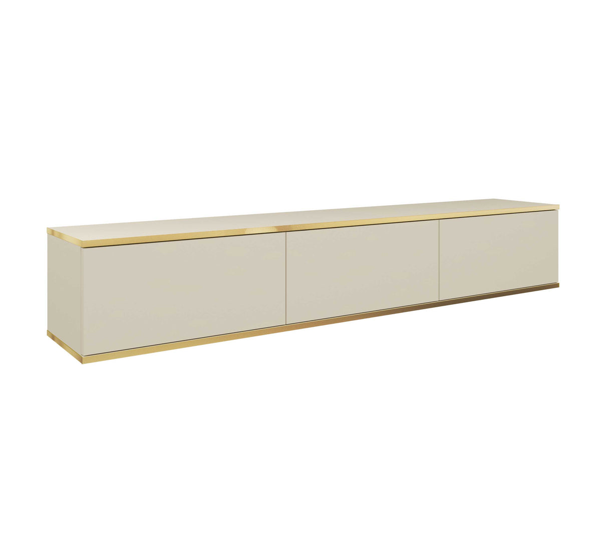 Beige TV cabinet with three door panels and gold trim