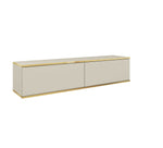 Beige two-door TV cabinet with gold trim and flat top