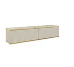 Beige low TV cabinet with two ribbed doors and gold edge trim