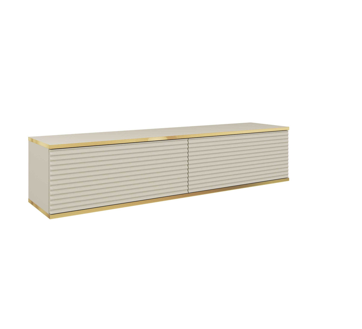 Beige low TV cabinet with two ribbed doors and gold edge trim