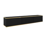 Black TV cabinet with ribbed sliding doors and gold trim, low media console.