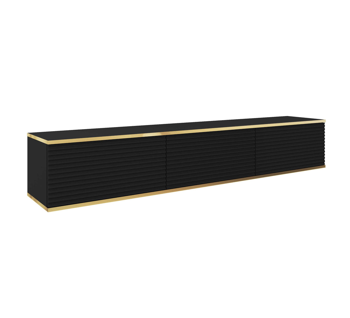 Black TV cabinet with ribbed sliding doors and gold trim, low media console.