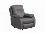 Gray electric recliner armchair with tall backrest and padded side armrests