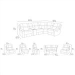 Line drawing of a sectional corner sofa with measurement dimensions