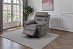 Electric recliner armchair in dark gray fabric with open footrest and recline.