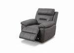 Electric recliner armchair in dark gray fabric, reclined position with open footrest.