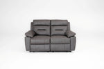 2-seater recliner sofa with gray fabric, tufted seat cushions and reclining back