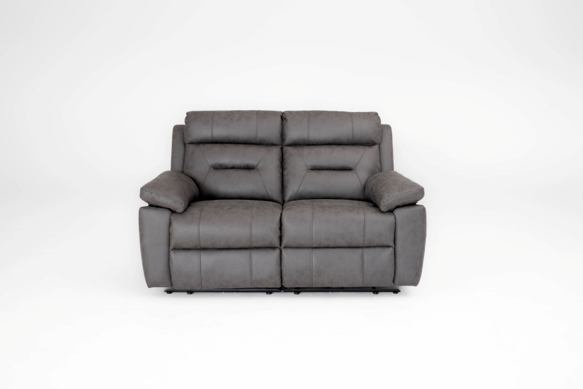 2-seater recliner sofa with gray fabric, tufted seat cushions and reclining back