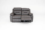 2-seater recliner sofa with gray fabric, padded arms and adjustable back cushions