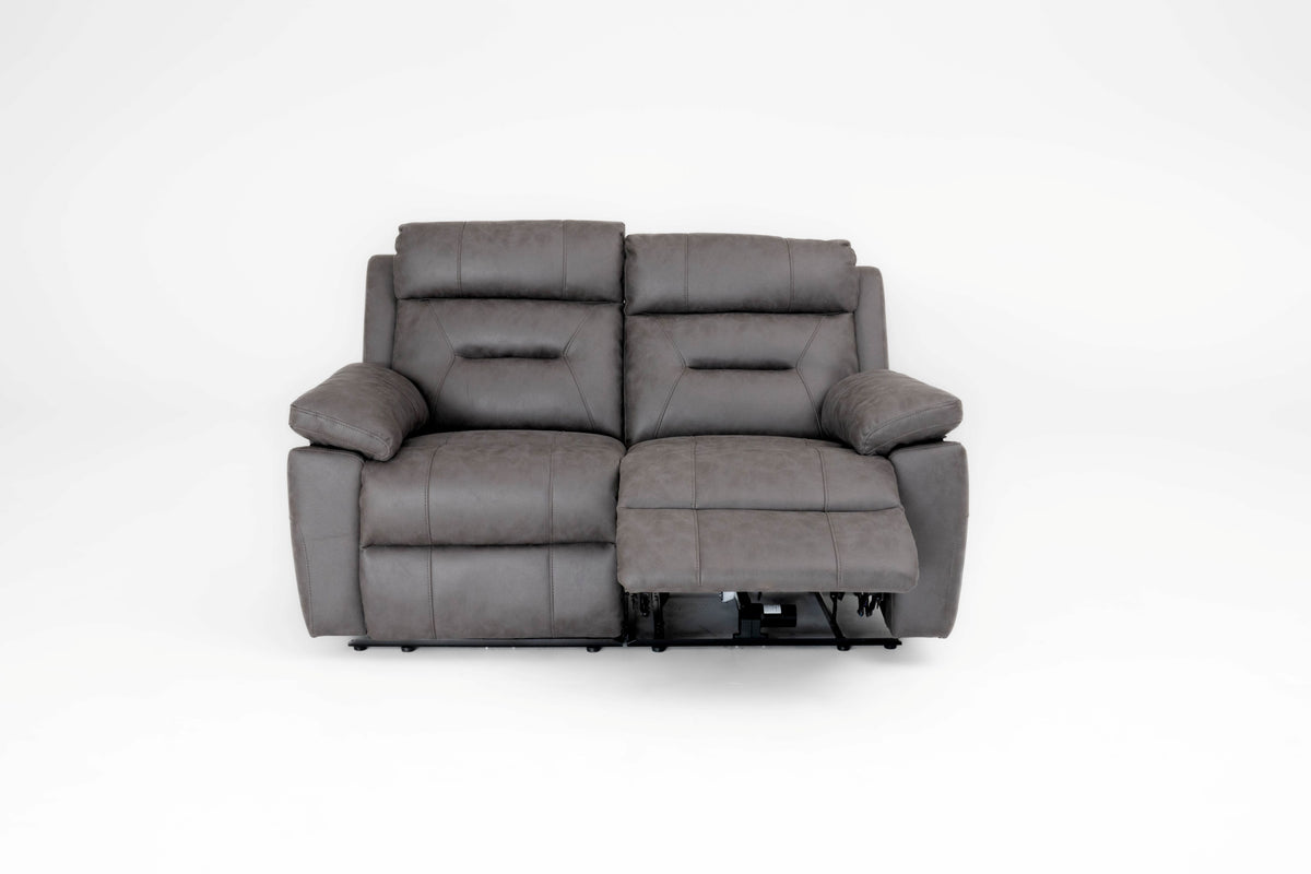 2-seater recliner sofa with gray fabric, padded arms and adjustable back cushions