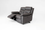 2-seater manual recliner sofa, gray upholstery with footrest extended and padded arms