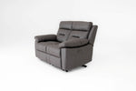 2-seater recliner sofa in gray fabric, side view with reclining back and arm detail