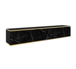 Black marble TV cabinet with three door panels and gold edge trim