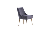 Grey upholstered accent chair with curved back, padded seat, and slender metal legs